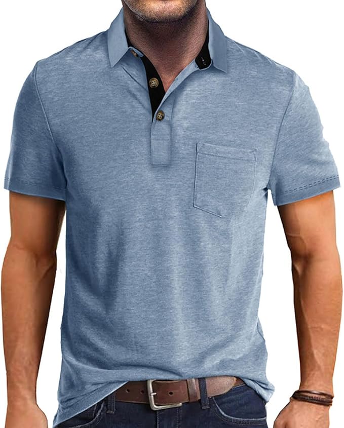 Classic men's short sleeve polo shirt in a solid color with button closure