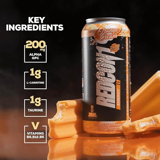REDCON1 Energy High Performance Drink, Orange Cream - Zero Sugar Energy Drink with Alpha GPC Nootropic - 200mg of Natural Caffeine from Green Coffee Beans - Vitamin B6, B12 & B5 to Boost Mood (12 ct)