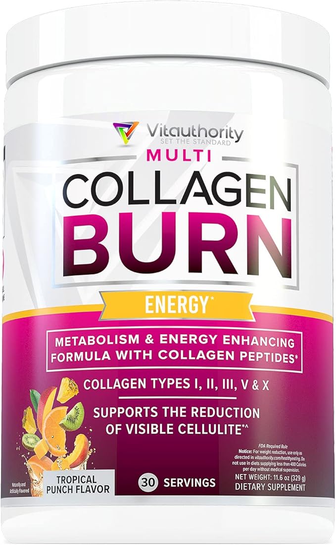 Multi Collagen Burn: MultiType Hydrolyzed Protein Peptides with Hyaluronic Acid, Vitamin C, SOD B Dimpless, Types I, II, III, V and X, with Caffeine 30 Servings Tropical Punch Flavored