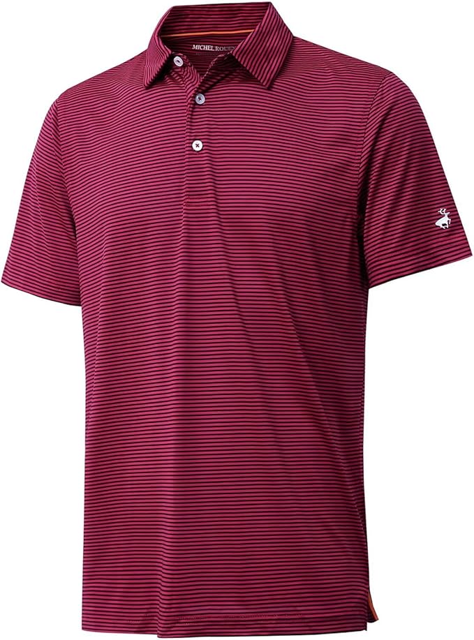 Man wearing a two-tone striped moisture-wicking performance golf polo shirt