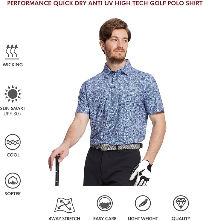 Men's Performance Striped Golf Polo Shirt Moisture Wicking Dry Fit