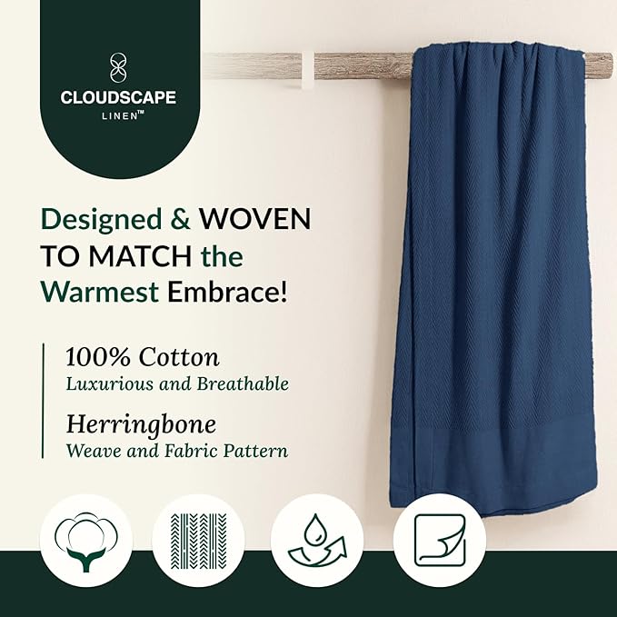 Cloud Scape Linen 100% Cotton Blanket King Size for Bed – Lightweight Summer Blanket, Herringbone Weave,fits California King Size Bed, 92x108,Ensign Blue