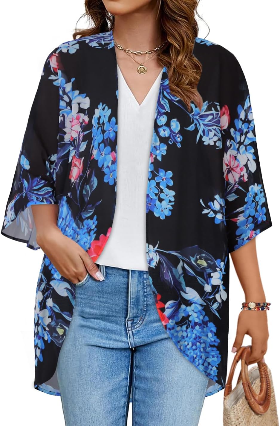 Floral Print Kimono Cardigan Women Puff Sleeve Cover Up Casual Blouse Loose Top