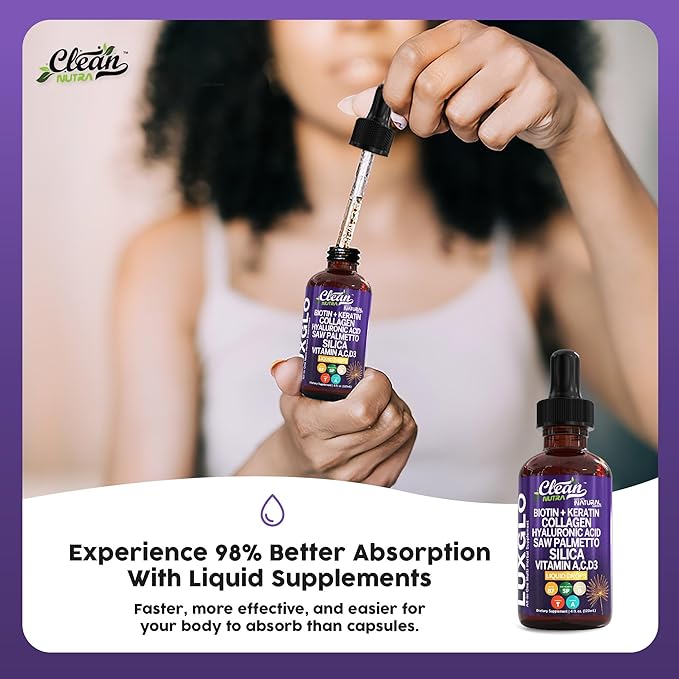 Biotin Liquid Drops Collagen Keratin Hyaluronic Acid Saw Palmetto for Hair Skin and Nails Silica Vitamin A C Vitamin D Bamboo Turmeric Zinc Folate Magnesium Horsetail LuxGlo by Clean Nutra