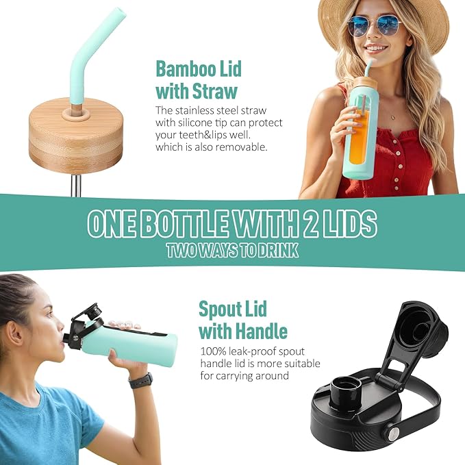 Kodrine Water Bottle with Straw, 24 oz Glass water Bottle with 2 Lids Bamboo Straw Lid and Spout Lid with Handle, 32 oz Clear Water Bottle Glass for Sports Travel, Waterbottle with Time Marker