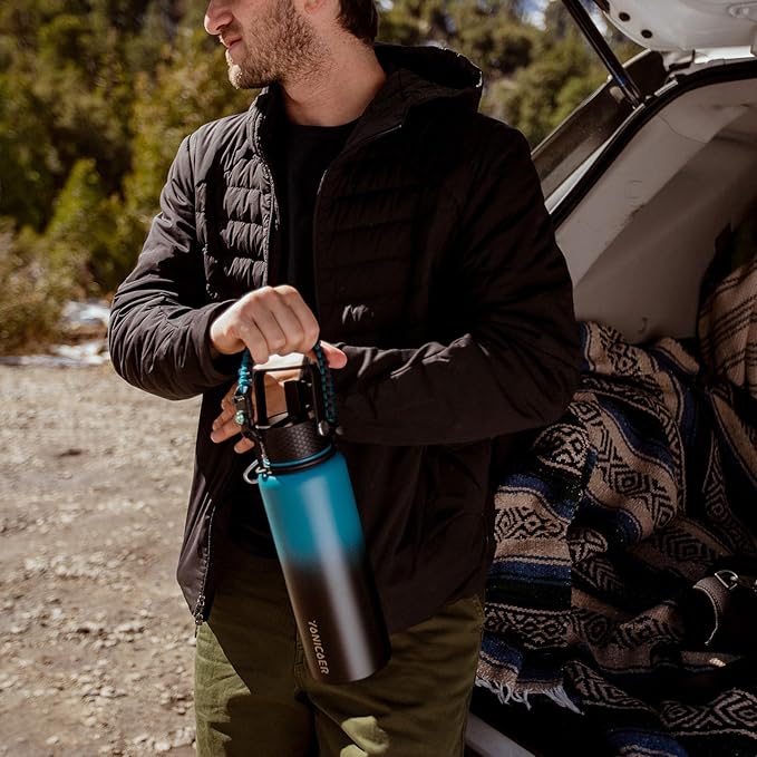 Insulated Water Bottle 64oz,Triple Wall Vacuum Stainless Steel(Dishwasher Safe),Leak Proof & Non-BPA,Flask Jug with Paracord Handle & Straw Spout Lids Sports