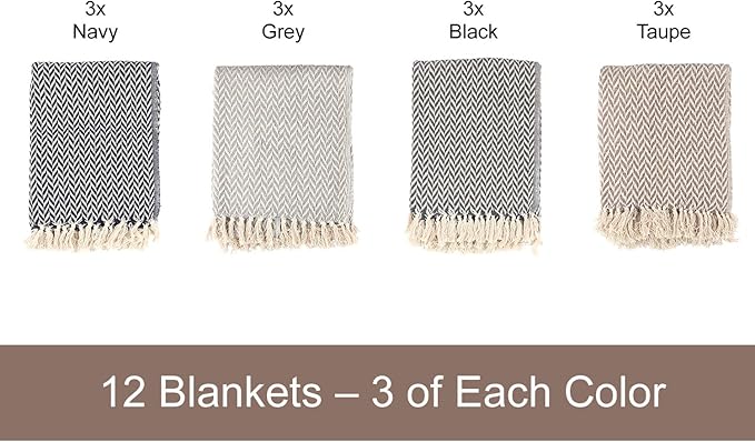Arkwright Common Ground Bulk Blankets - Pack of 12 - Reversible 100% Cotton All Season Lightweight Couch Bed Throws for Wedding Guests, Travel, and Outdoor Events, 50 x 70 in, Chevron