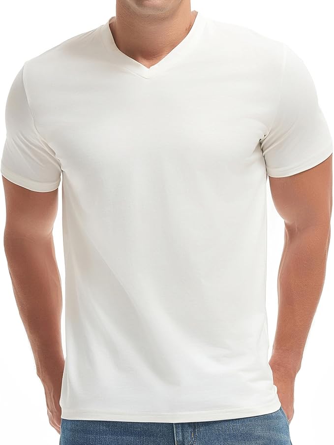 A man wearing a premium fitted modern V-neck t-shirt in a neutral color, showcasing the form-fitting cut.