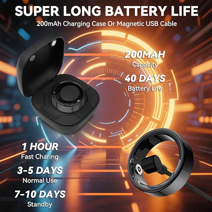Smart Ring for Men Women with Black Charging Box, Bluetooth, Health Ring , IP68 Waterproof, Fitness Ring Tracks Heart Rate/Sleep/Steps/Sports Activities/Blood Oxygen,non-subscription app (Black, 13)