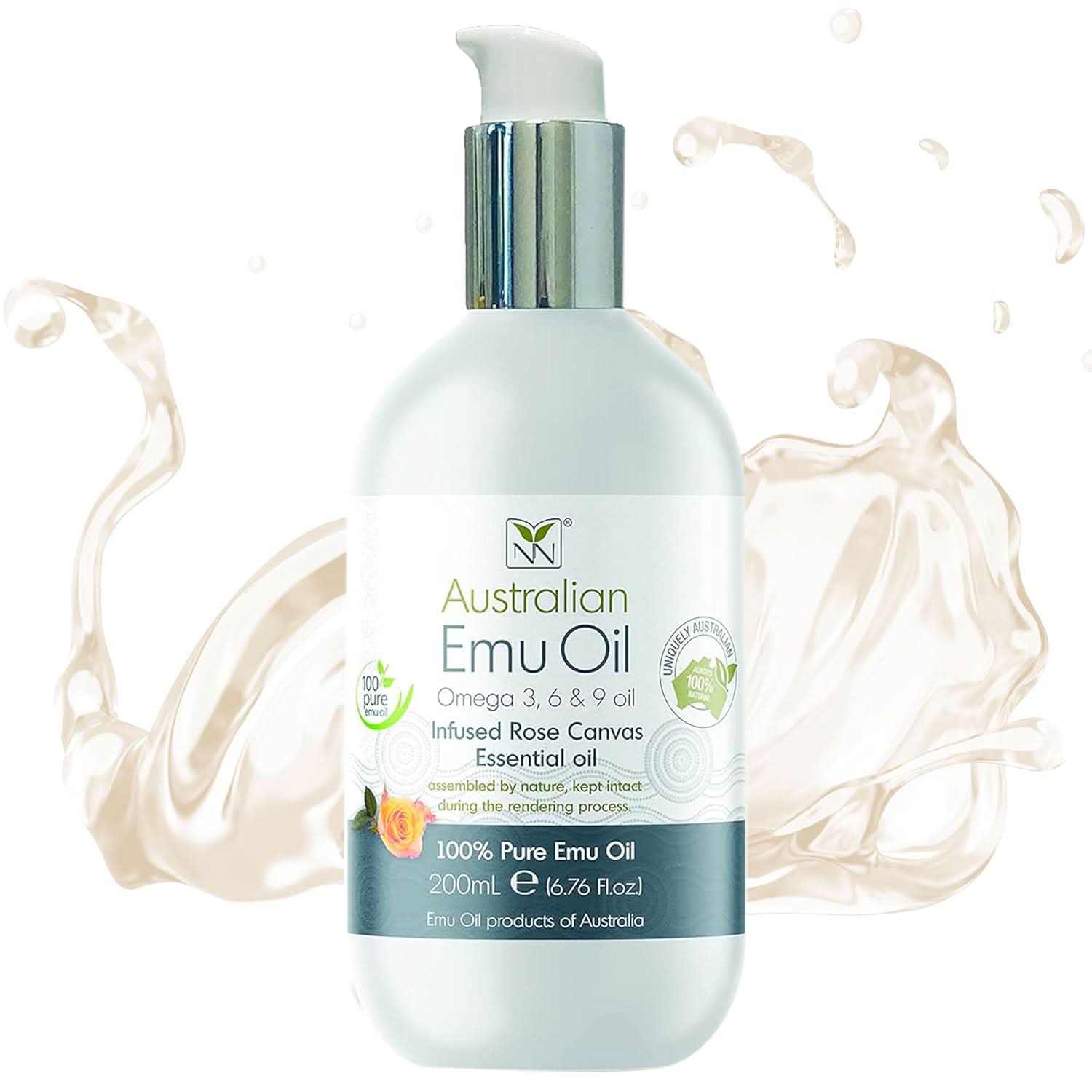200ml bottle of Australian Emu Oil Rose Canvas natural skincare treatment
