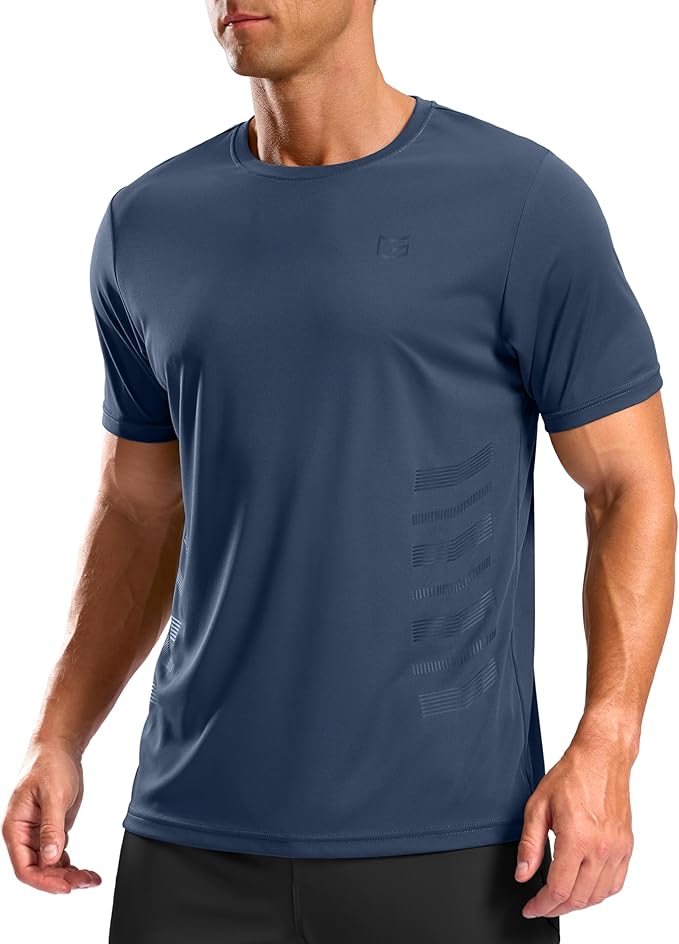 Close up of men's moisture-wicking athletic gym shirt in short sleeve.