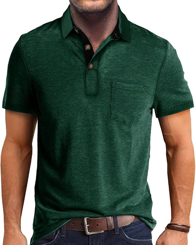 A stylish men's short sleeve cotton polo shirt with a classic lapel collar and button detailing in a solid color.