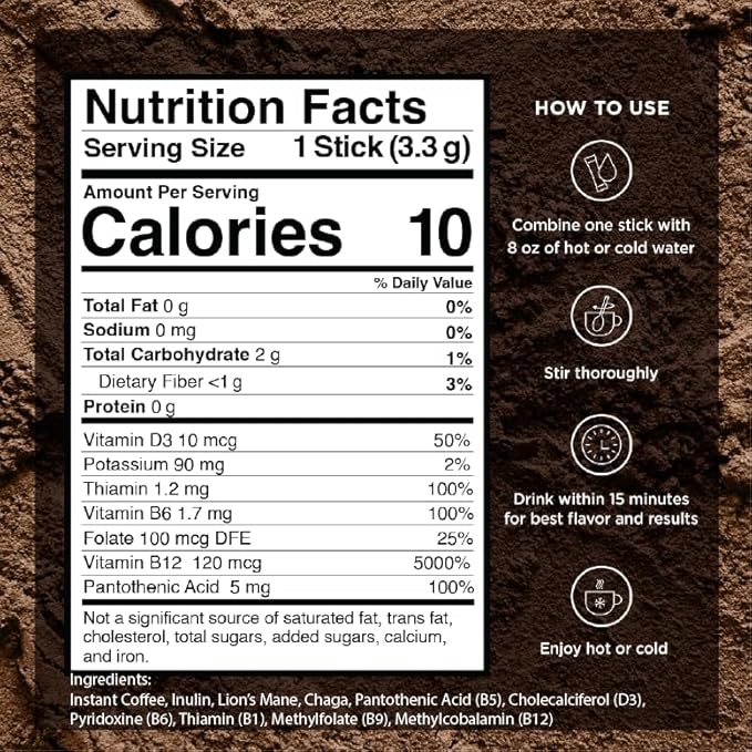 VitaCup Focus Mushroom Coffee Instant Packets, for Memory & Clarity Support, w/Fiber, Chaga, Lion’s Mane, D3, B Vitamins, Medium Roast, 100% Arabica & Robusta Coffee in Single Serve Sticks, 72 Ct