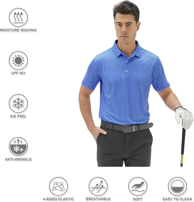 Men's Striped Dry-Fit Performance Golf Polo Shirt - Blue
