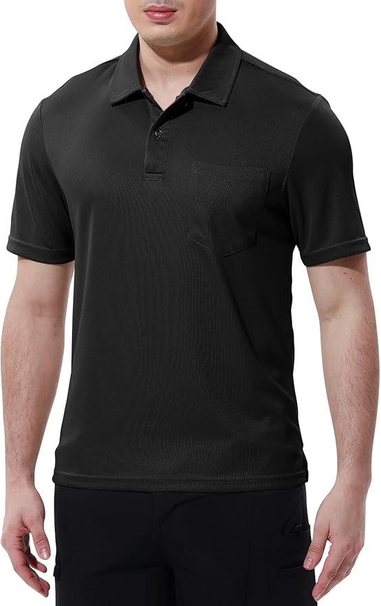 Men's Short Sleeve Quick Dry Polo Shirt with Chest Pocket for Golf