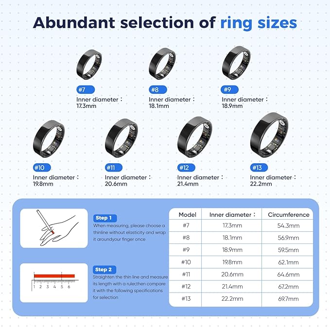 Smart Ring with Sleep Monitoring, No APP Subscription, 10-Day Battery Life, Stress/Heart Rate/Women's Health Tracker, Android & iOS Compatible (Black, 10)