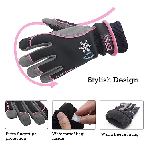 HANDLANDY Waterproof Insulated Work Gloves, 3M Thinsulate Thermal Winter Gloves for Men Women Touch Screen, Warm Ski Snowboard Cold Weather Gloves (Large, Pink)