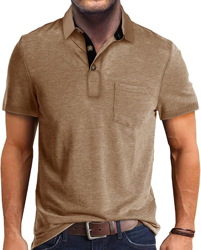 A stylish men's short sleeve cotton polo shirt with a classic lapel collar and button detailing in a solid color.
