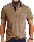 A stylish men's short sleeve cotton polo shirt with a classic lapel collar and button detailing in a solid color.