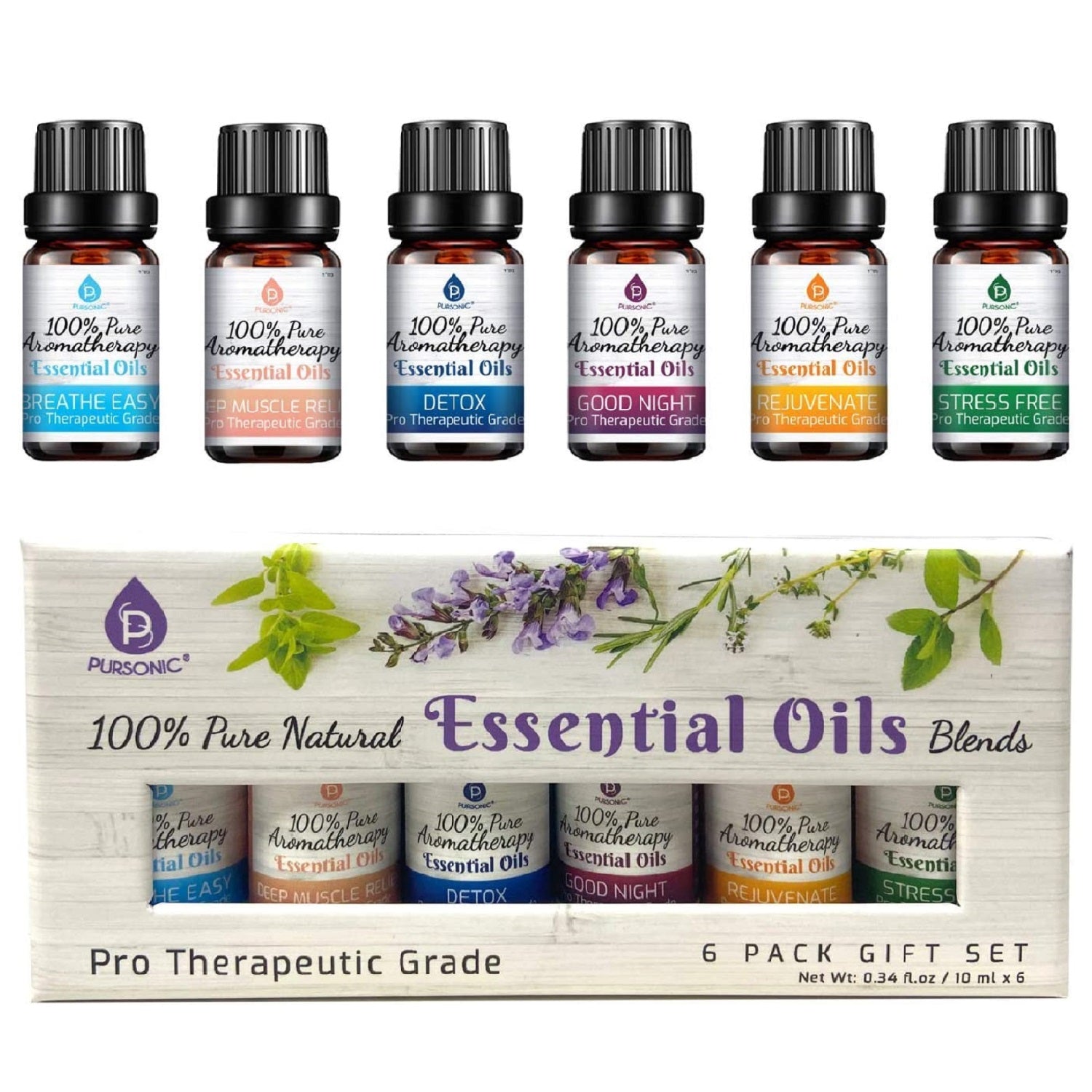 Pursonic Purify & Relax Home Wellness Bundle - True HEPA Air Purifier & 6 Pack of 100% Pure Essential Oils Blends