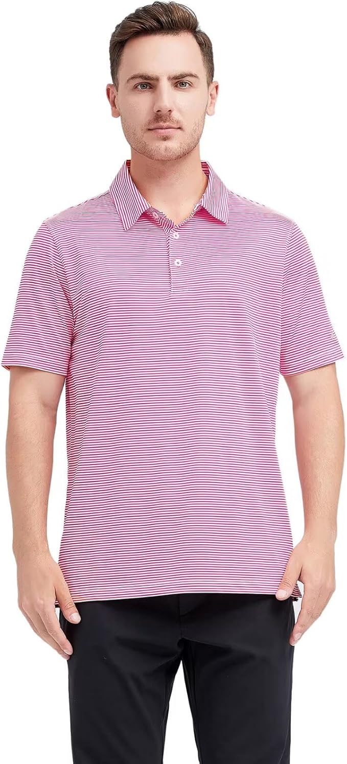 Mens Striped Performance Golf Polo Shirt - Moisture Wicking Pink/White