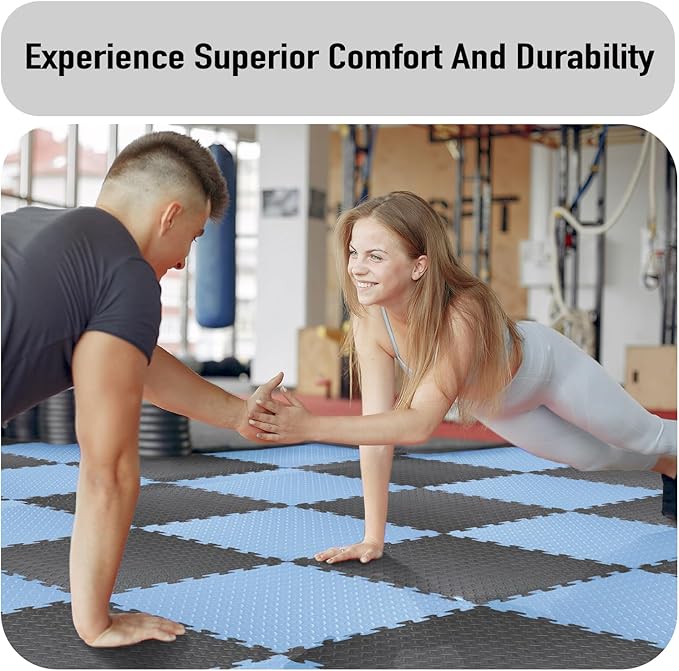 AIRHOP Upgraded 0.79" Extra Thick 48 Sq Ft High-Density Eva Foam Exercise Gym Mats, 12 Pcs Large Interlocking Puzzle Floor Tiles (24"x24") for Home Gym, Black&Blue