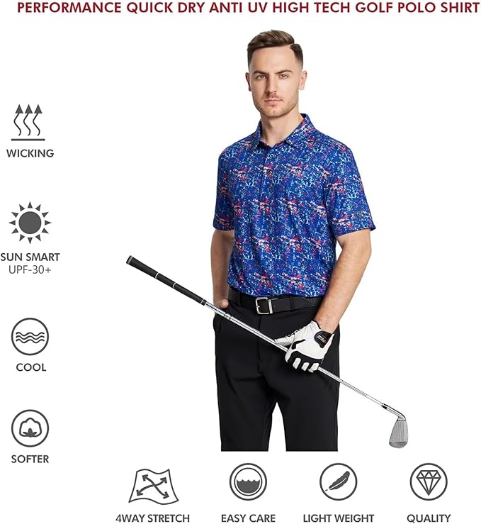 Men's Performance Striped Golf Polo Short Sleeve Moisture Wicking