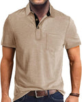 A stylish men's short sleeve cotton polo shirt with a classic lapel collar and button detailing in a solid color.