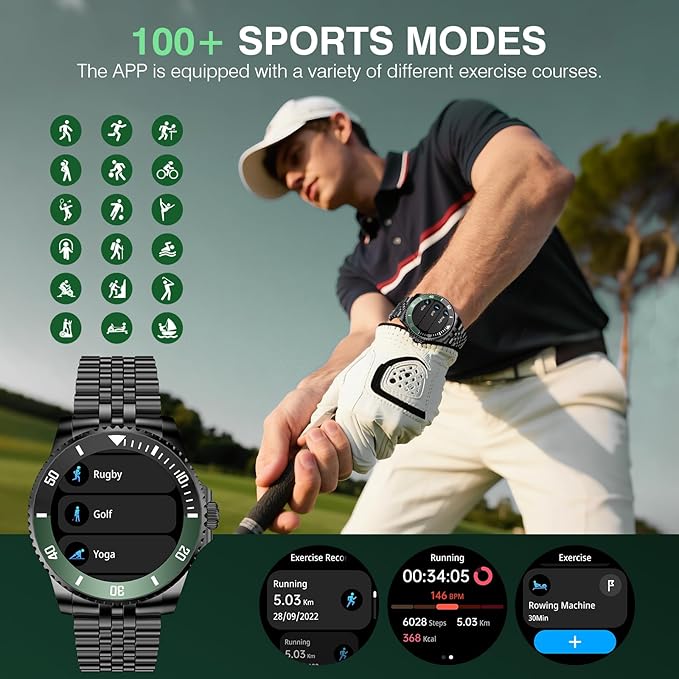 2025 DA GPT Smart Watch for Men with Bluetooth Call, Heart Rate, Blood Pressure, SpO2, Sleep Monitor, 107 Sports Modes, Waterproof Round Watch, 1.19-inch AMOLED Display, Compatible Android and iOS