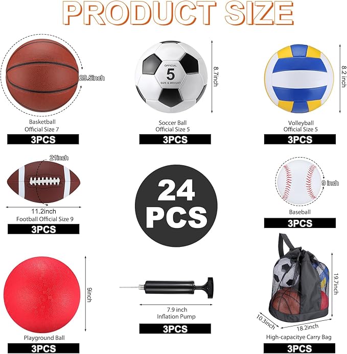 Leyndo 18 Pcs Sport Balls Bulk Set Basketball Football Volleyball Soccer Playground Baseball with Sport Equipment Bag Pump for Youth Adults Outdoor Indoor Practice Gift Back to School