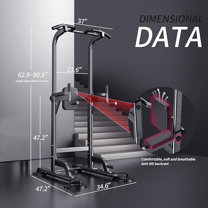 Power Tower Adjustable Height Pull Up & Dip Station Multi-Function Home Strength Training Fitness Workout Station for Home Gym