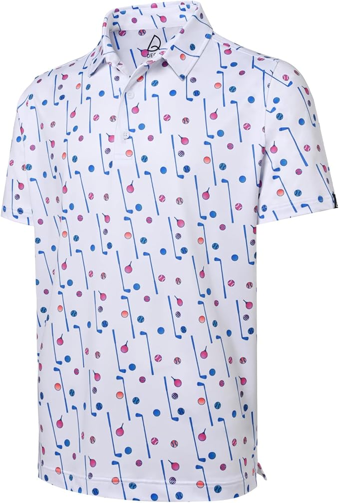 Men wearing a stylish printed short-sleeve performance golf polo shirt