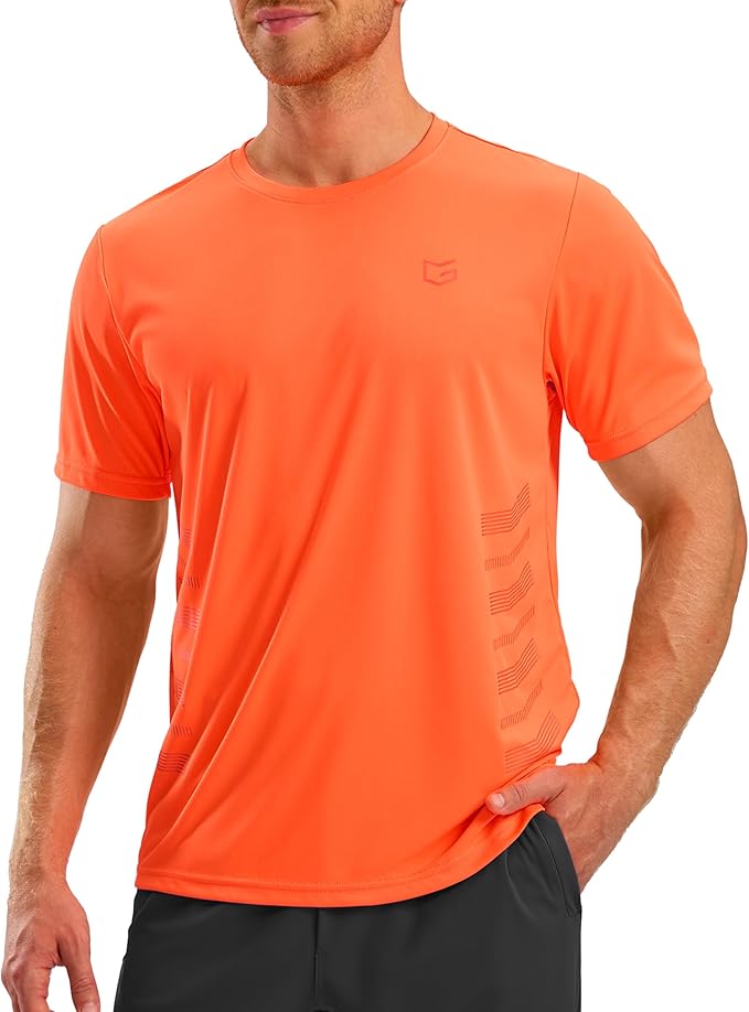Close up of men's moisture-wicking athletic gym shirt in short sleeve.