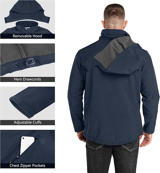 Outdoor Ventures Men's Lightweight Softshell Jacket Fleece Lined Hooded Water Resistant Winter Hiking Windbreaker Jackets