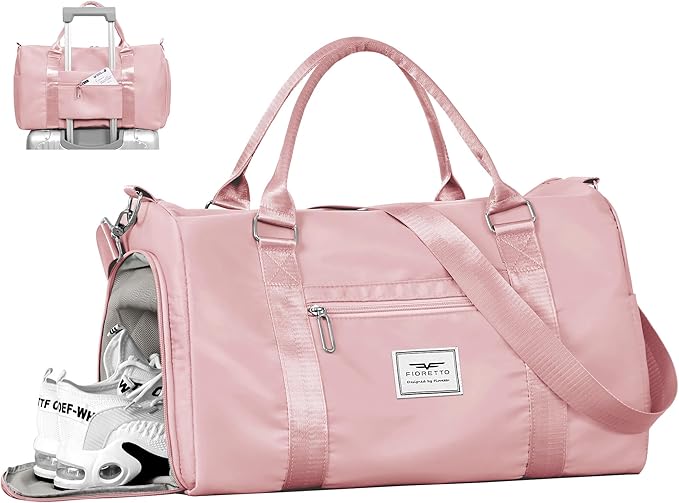 FIORETTO Womens Gym Tote Duffle Bag with Wet Pocket & Shoe Compartment, Sports Duffel Overnight Weekender Hospital Workout Carry on Bag for Girls, Ideal for Travel, Swimming, Dance, Ballet Pink