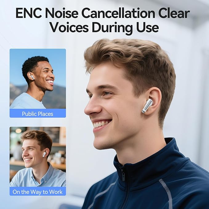Wireless Earbuds, 2025 Bluetooth 5.3 Headphones HiFi Stereo 50H Playback Ear Buds with Led Digital Display, ENC Noise Cancelling Earbuds for Laptop Computer, iOS, Android, White