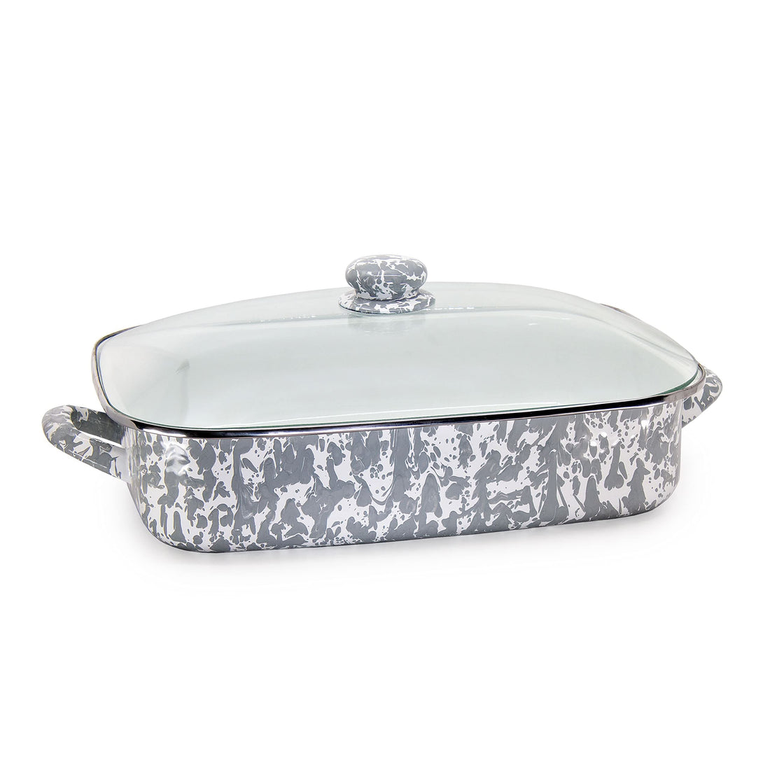 10.5qt Enamelware Roasting Pan with Tempered Glass Lid, Black Swirl