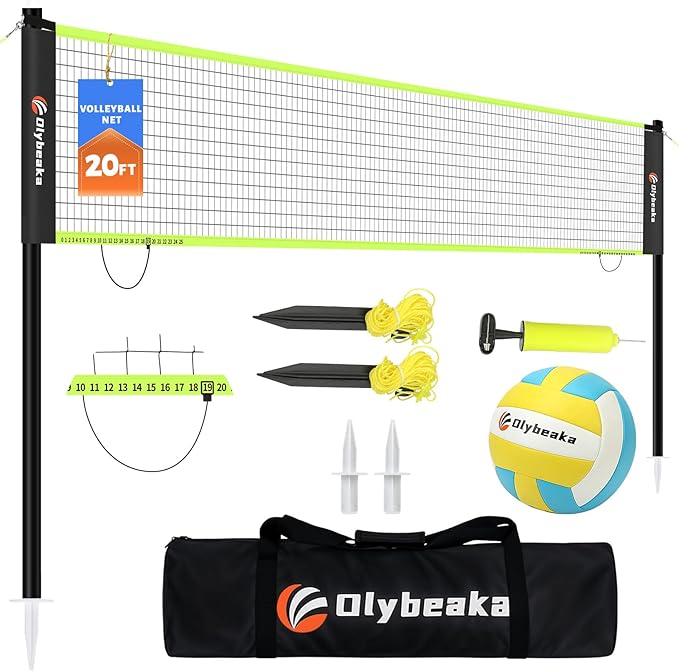 Portable Outdoor Volleyball Net Set for Backyard Beach with Adjustable Poles, Soft PU Volleyball & Pump, Carry Bag and Durable Anti-Sagging Net