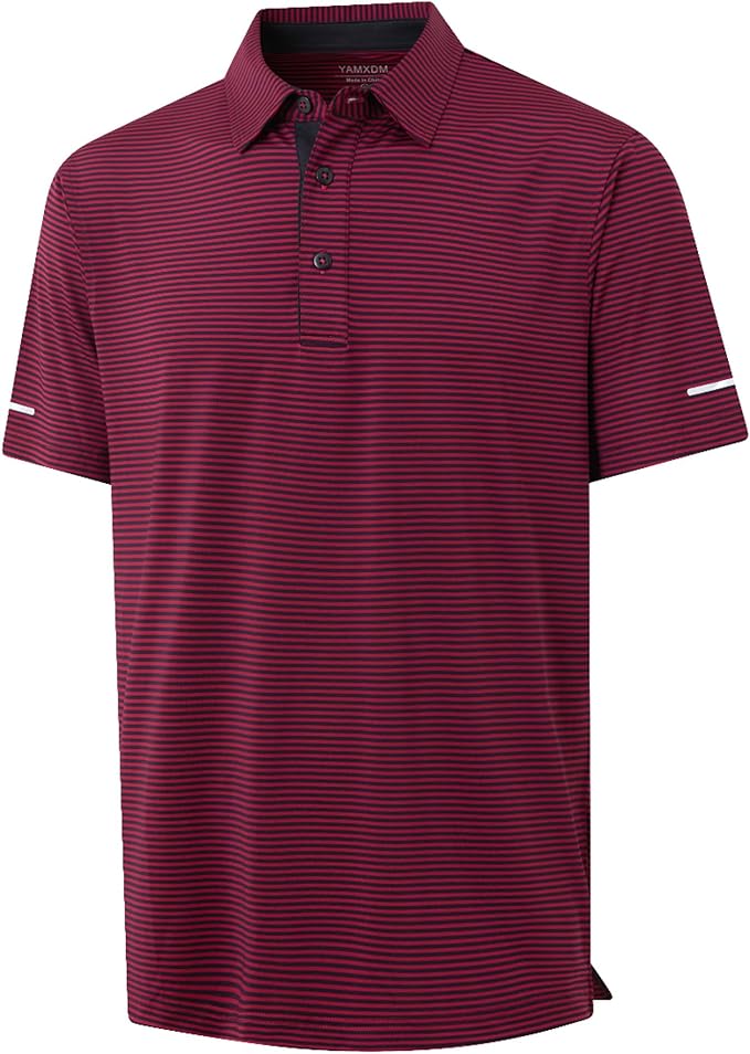 Men's striped moisture-wicking performance golf polo with reflective sleeve cuffs