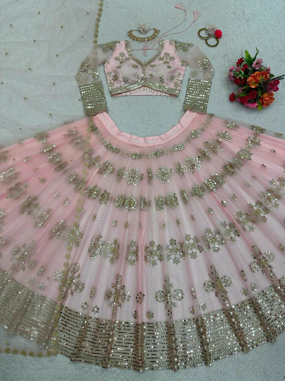 Baby Pink Butterfly Net Lehenga Choli with Sequins & Embroidery