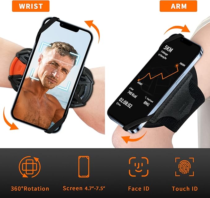 Wristband Phone Holder for Running,Phone Wrist Strap 360° Rotation & Detachable - Compatible with iPhone 16/15/13/XR, for Samsung and More - Fits 4''-6.5'' Phones - for Walking(S)