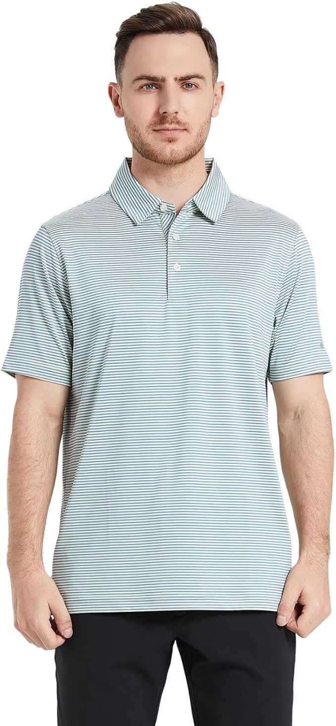 Mens Striped Performance Golf Polo Shirt - Moisture Wicking Dry Fit