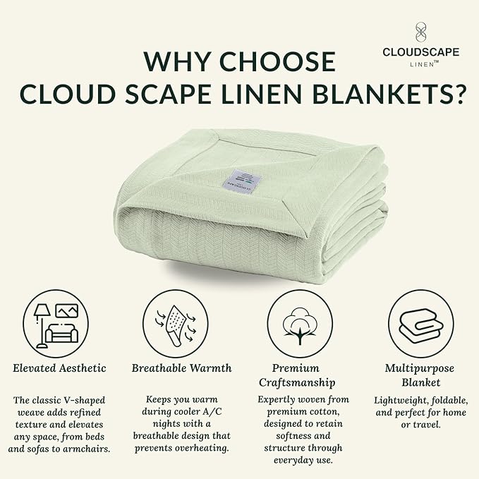 Cloud Scape Linen Herringbone Cotton Throw Blanket for Couch, Bed,Sofa, Home Decor, Soft, Lightweight, All-Season Bed Blanket, 50 x 70, Seafoam Green