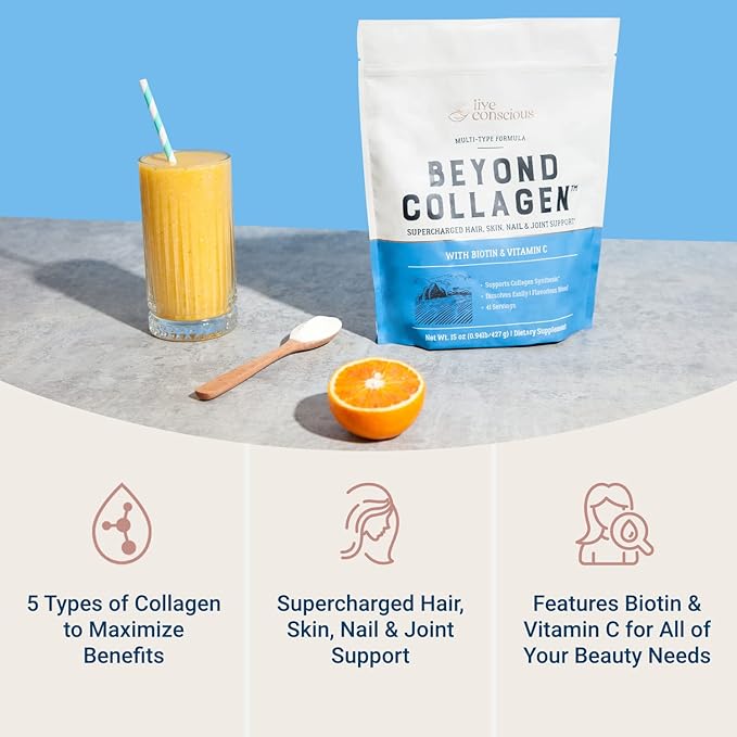 Live Conscious Beyond Collagen Multi Collagen Powder for Women w/Types I, II, III, V & X - Keto Friendly, Hydrolyzed Collagen Peptides Powder Blend w/Biotin & Vitamin C 41 Servings