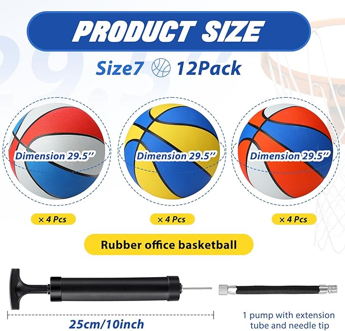 Jerify 12 Pcs 29.5" Official Size 7 Basketballs Bulk Rubber Standard Basketballs with Pump Indoor Outdoor for Training Play