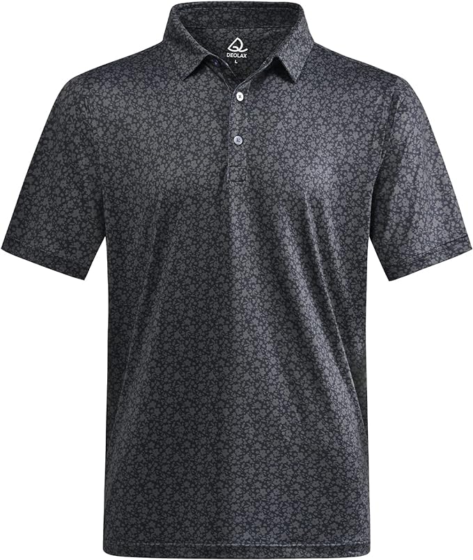 Close-up of a men's performance golf polo shirt with moisture-wicking fabric