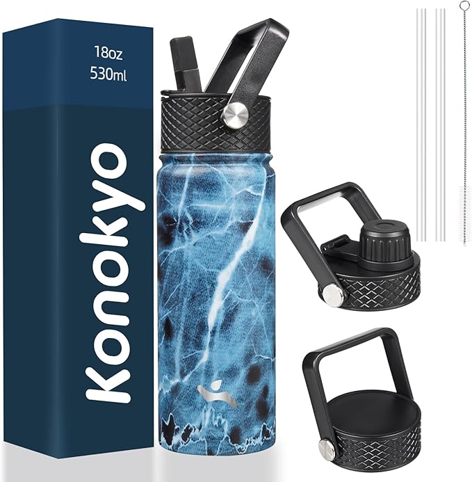18 oz Insulated Water Bottle Stainless Steel Sport Bottles with 3 Lids,Marble Ocean
