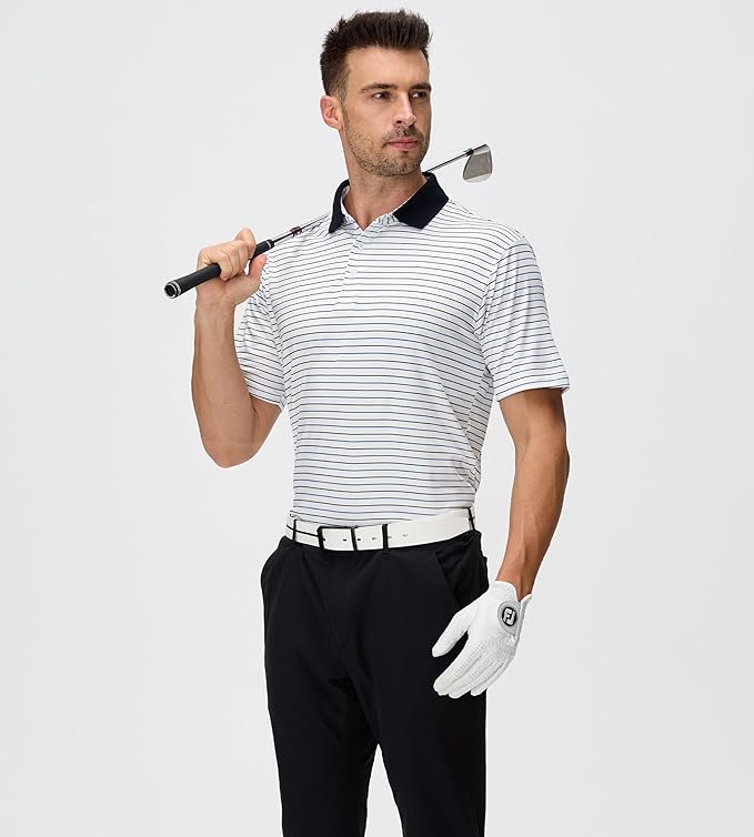 Men's Striped Performance Golf Polo UPF 30+ Moisture Wicking Shirt