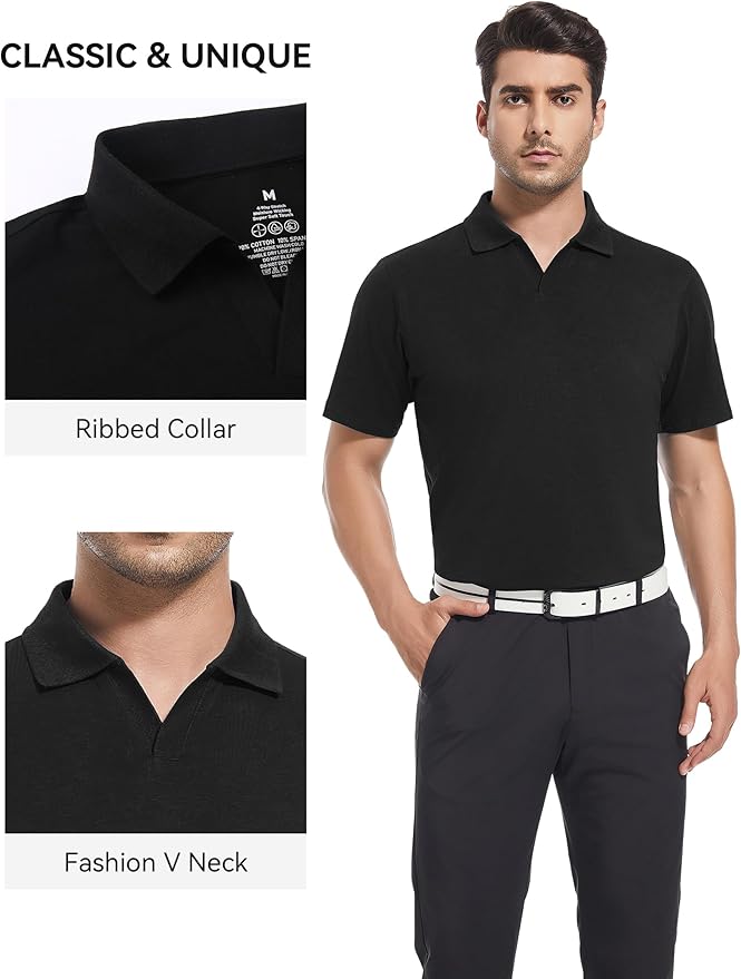 Men's V-Neck Jacquard Golf Polo - Soft Cotton Blend Performance Shirt