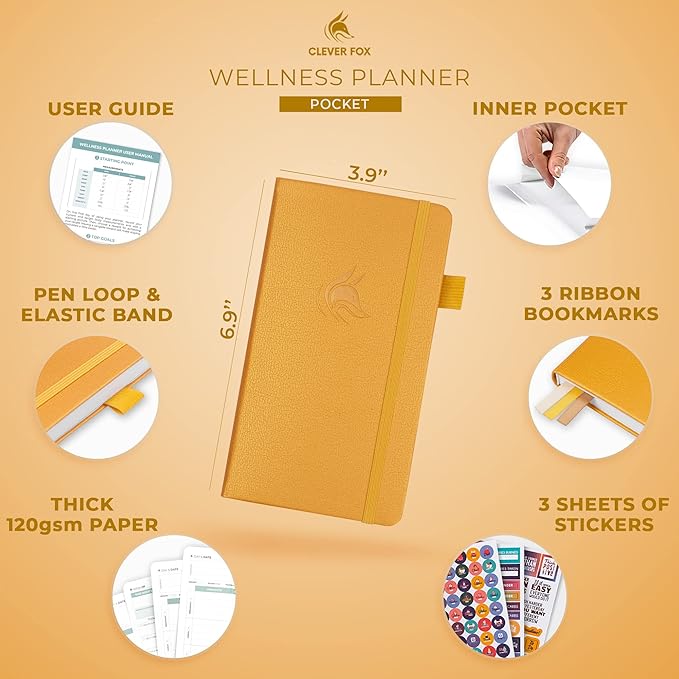 Clever Fox Wellness Planner - Weekly & Daily Health and Wellness Log, Food Journal & Meal Planner Diary for Calorie Counting, Notebook for Medical Condition Tracking – Pocket size (Amber Yellow)